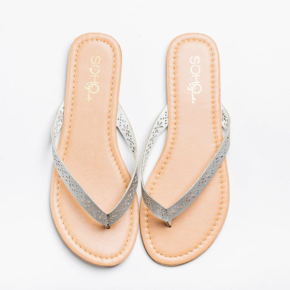 SoHo Women Beautiful Fashionable Summer Laser Cut Flip Flops - Silver -